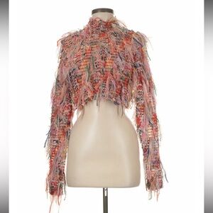 MICAS Fringe Textured Crop Jacket Sweater Pink Multicolor Statement Size M, NWT